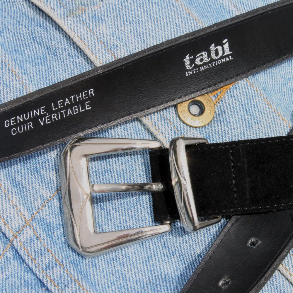 80s Vintage TABI Black Genuine Leather + Suede Silver Western Buckle Belt 32-36"